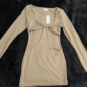 Better Be tan mini dress with long sleeves